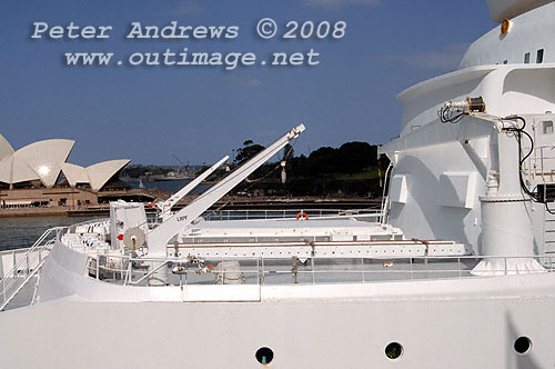 The foredeck area of the Queen Elizabeth 2 with the Sydney Opera House in the background.
