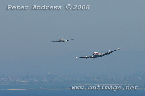 The Illawarra based Historical Aircraft Restoration Society's (HARS) Lockheed Super Constellation, Connie and Douglas C47 Dakota A65-94 approach Bald Hill. Photo copyright Peter Andrews.