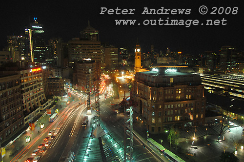 A wide angle view of Sydney's Railway Square looking towards Central Railway Station. Henry Dean Plaza is seen in the bottom right provides access to the western end of the Devonshire Street Pedesteian Tunnel. The tunnel runs under Central Railway Station and connects Ultimo and Chippendale with Surry Hills to the east. Photo copyright Peter Andrews 2008, Outimage Publications.