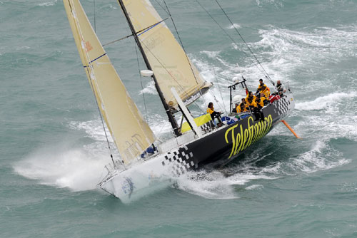Telefonica Black breaks away from the start line in Alicante, Spain for leg 1 of The Volvo Ocean Race. Photo copyright Rick Tomlinson - Volvo Ocean Race.