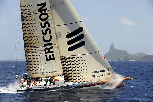 Ericsson 4 passes through the scoring gate at Fernando de Noronha, on leg 1 of the Volvo Ocean Race. Photo copyright Rick Tomlinson - Volvo Ocean Race.