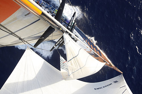 Ericsson 3 slowly getting more breeze and higher waves. They had big gains during the night and are eager to get back in the game, on leg 1 of the Volvo Ocean Race. Photo copyright Gustav Morin - Ericsson 3 Racing Team - Volvo Ocean Race.