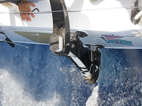 The temporary rudder in place on Telefonica Black. Photo copyright Mikel Pasabant - Equipo Telefonica - Volvo Ocean Race.