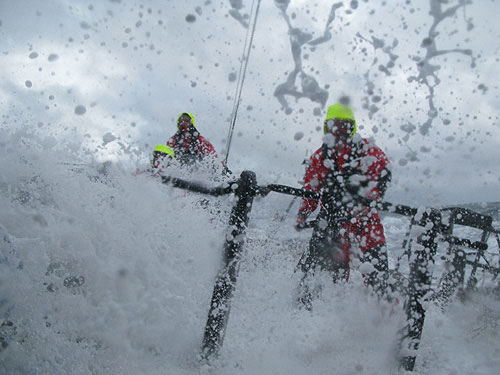 There's nowhere to hide on the deck of a Volvo Open 70, as the crew of Green Dragon experinece Life at the Extereme during their 2000 mile qualifier. Photo copyright Huang Jian.