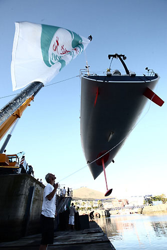 With their keel repaired after damage sustained on the leg 1, Green Dragon is lifted back into the water for the start of leg 2 from Cape Town, South Africa to Cochin, India. Photo copyright Yangtao Jiang / Volvo Ocean Race.