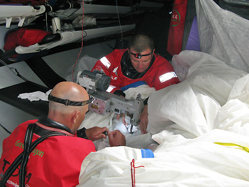 Green Dragon make repairs to their A6 sail, on leg 2 of the Volvo Ocean Race, from Cape Town, South Africa, to Cochin, India. Photo copyright Guo Chuan / Green Dragon Racing / Volvo Ocean Race.