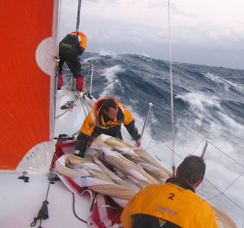 Sail changes onboard Telefonica Blue, in 38 knots of wind, with Pepe Ribes on the bow and Iker Martinez and Simon Fisher preparing the sail, on leg 2 of the Volvo Ocean Race, from Cape Town, South Africa to Cochin, India. Photo &copy; Gabriele Olivo / Telefonica Blue / Volvo Ocean Race. 