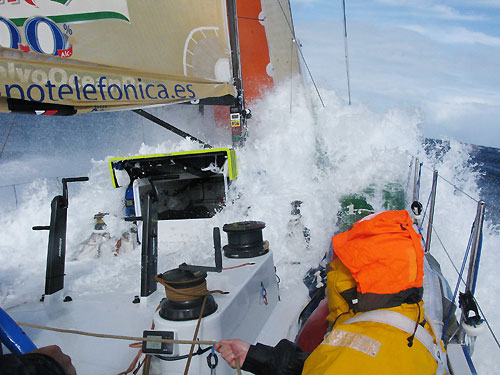 Pablo Arrarte trimming in rough sea on Telefonica Blue, on leg 2 of the Volvo Ocean Race, from Cape Town, South Africa to Cochin, India. Photo � Gabriele Olivo / Telefonica Blue / Volvo Ocean Race.