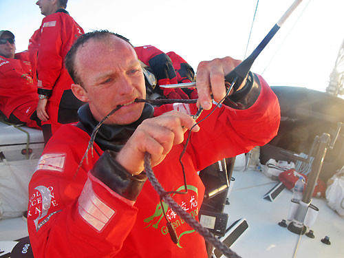 Justin Slattery repairs the rigging onboard Green Dragon, on leg 2 of the Volvo Ocean Race, from Cape Town, South Africa to Cochin, India. Photo © Guo Chuan / Green Dragon Racing / Volvo Ocean Race.