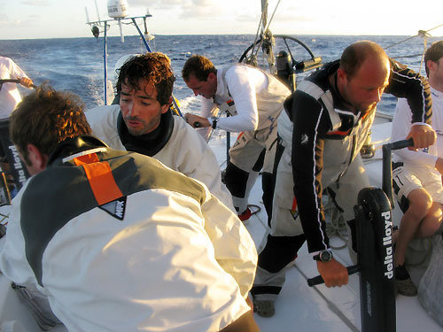 Team Delta Lloyd working hard in the pit to do a sail change, on leg 2 of the Volvo Ocean Race, from Cape Town, South Africa to Cochin, India. Photo copyright Sander Pluijm / Team Delta Lloyd / Volvo Ocean Race.