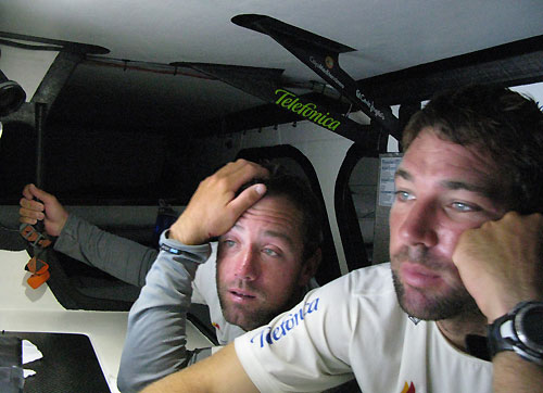 Iker Martinez left and navigator Simon Fisher plan their next move, onboard Telefonica Blue on leg 2 of the Volvo Ocean Race, from Cape Town, South Africa to Cochin, India. Photo copyright Gabriele Olivo / Telefonica Blue / Volvo Ocean Race.