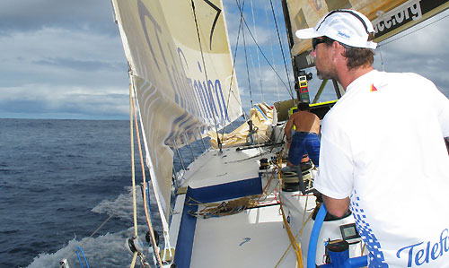 Iker Martinez looking out for light spots under the clouds, on leg 2 of the Volvo Ocean Race, from Cape Town, South Africa to Cochin, India. Photo copyright Gabriele Olivo / Telefonica Blue / Volvo Ocean Race.
