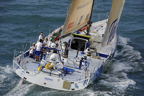 Telefonica Blue, skippered by Bouwe Bekking from Netherlands, finishes in second place on leg 2 of the Volvo Ocean Race, from Cape Town, South Africa to Cochin India. The boat crossed the finish line 12:37:50 GMT under a beautiful Indian sunset. Photo copyright Rick Tomlinson / Volvo Ocean Race.