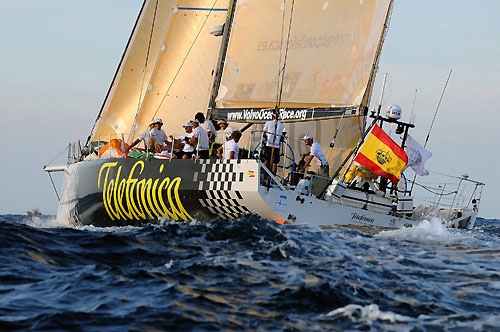 Telefonica Black, skippered by Fernando Echavarri from Spain, finishes leg 2 of the Volvo Ocean Race from Cape Town, South Africa to Cochin, India. They crossed the line at 12:00:20 GMT, securing 5 points for the finish and 6.5 points overall for the leg. Photo copyright Dave Kneale / Volvo Ocean Race.