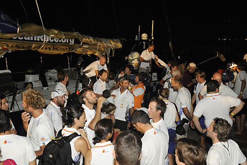 Telefonica Black, skippered by Fernando Echavarri from Spain, finishes leg 2 of the Volvo Ocean Race from Cape Town, South Africa to Cochin, India. Photo copyright Rick Tomlinson / Volvo Ocean Race.