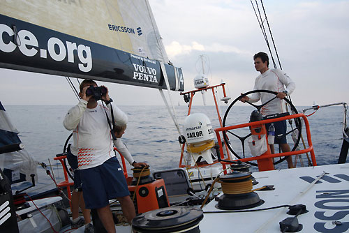 Jules Salter watches the opposition as the boats hit light wind, at the start of leg 3 of the Volvo Ocean Race. Photo copyright Guy Salter / Ericsson 4 / Volvo Ocean Race.