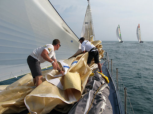 Team Russia change sails, at the start of leg 3 of the Volvo Ocean Race. Photo copyright Sergey Bogdanov / Team Russia / Volvo Ocean Race.