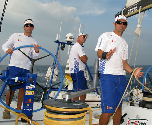 High concentration on board while Jordi Calafat shows a possible wind shift would affect the position within the rest of the fleet. Photo copyright Gabriele Olivo / Telefonica Blue / Volvo Ocean Race.
