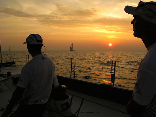 Jordi Calafat at the main and Bouwe Bekking at the helm. Ericsson 4 and Ericsson 3 on the horizon, at the start of leg 3 of the Volvo Ocean Race. Photo copyright Gabriele Olivo / Telefonica Blue / Volvo Ocean Race.
