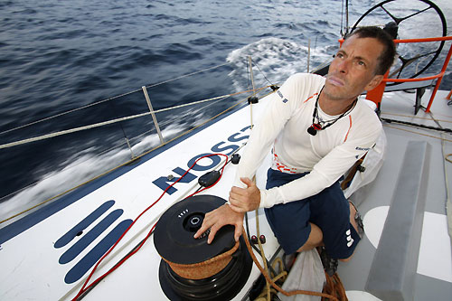 Skipper Anders Lewander trimming onboard Ericsson 3, on leg 3 of the Volvo Ocean Race from India to Singapore. Photo copyright Gustav Morin / Ericsson 3 / Volvo Ocean Race.