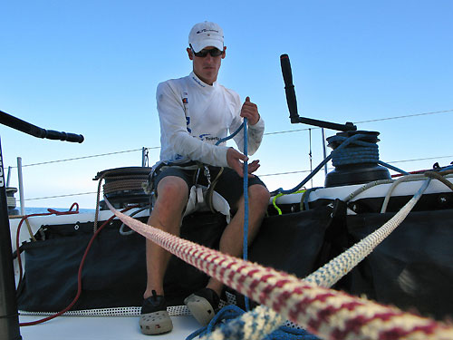 Bowman Morgan White preparing the tackline for the next sailchange onboard Delta Lloyd, on leg 3 of the Volvo Ocean Race from India to Singapore. Photo copyright Sander Pluijm / Team Delta Lloyd / Volvo Ocean Race.