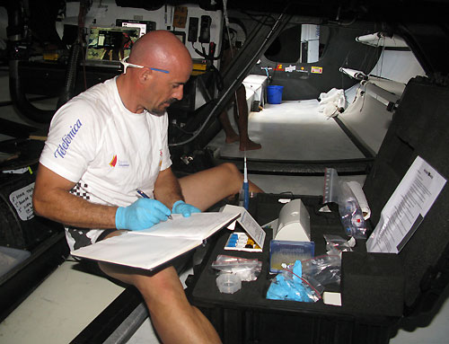 Mikel Pasabant water testing onboard Telefonica Black, on leg 3 of the Volvo Ocean Race, from Cochin, India to Singapore. Photo copyright Mikel Pasabant / Telefonica Black / Volvo Ocean Race.