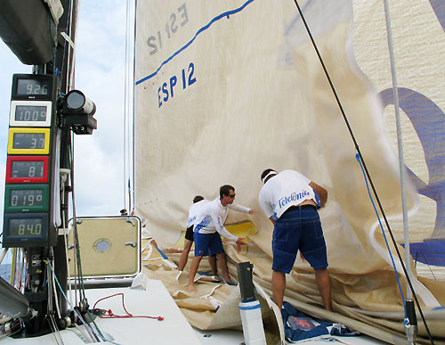 One of the many sail changes onboard Telefonica Blue, on leg 3 of the Volvo Ocean Race, from India to Singapore. Photo copyright Gabriele Olivo / Telefonica Blue / Volvo Ocean Race.