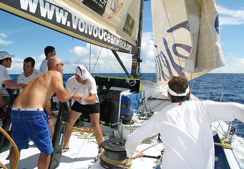 One of the many tacks onboard Telefonica Blue, on leg 3 of the Volvo Ocean Race from India to Singapore. Iker Martinez tailing, Bouwe Bekking at the pumps together with Xabier Fernandez. Photo copyright Gabriele Olivo / Telefonica Blue / Volvo Ocean Race.