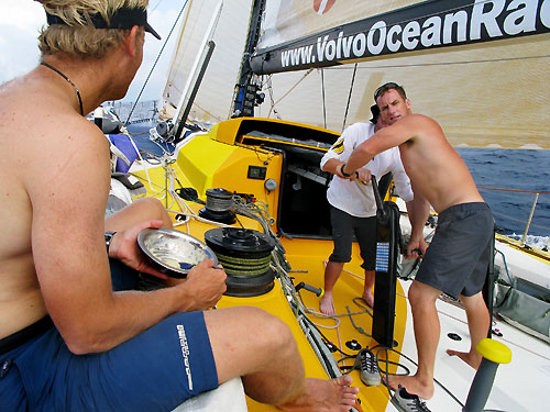 Lunch with some jib trimming, onboard Team Russia, on leg 3 of the Volvo Ocean Race from India to Singapore. Photo copyright Sergey Bogdanov / Team Russia / Volvo Ocean Race.