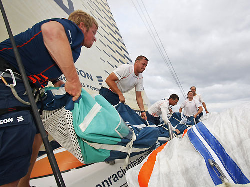 Stacking onboard Ericsson 3, on leg 3 of the Volvo Ocean Race from India to Singapore. Photo � Gustav Morin / Ericsson 3 / Volvo Ocean Race.