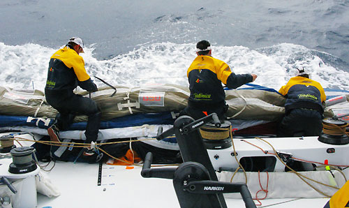 Sail stacking just before tacking, onboard Telefonica Blue, on leg 3 of the Volvo Ocean Race from India to Singapore. Photo � Gabriele Olivo / Telefonica Blue / Volvo Ocean Race.