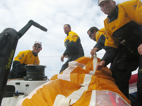Moving sails from one side to the other just before tacking. Pepe Ribes, Iker Martinez Jonathan Swain and Tom Addis. Photo copyright Gabriele Olivo / Telefonica Blue / Volvo Ocean Race.