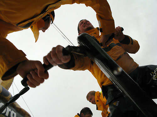 Scott Gray trimming, onboard Team Russia, on leg 3 of the Volvo Ocean Race from India to Singapore. Photo copyright Sergey Bogdanov / Team Russia / Volvo Ocean Race.