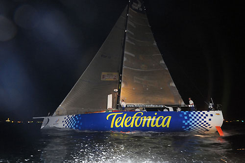 Telefonica Blue, skippered by Bouwe Bekking (NED) takes first place on leg 3 of the Volvo Ocean Race from India to Singapore, crossing the finish line at 14:51:22 GMT. Photo � Dave Kneale / Volvo Ocean Race.