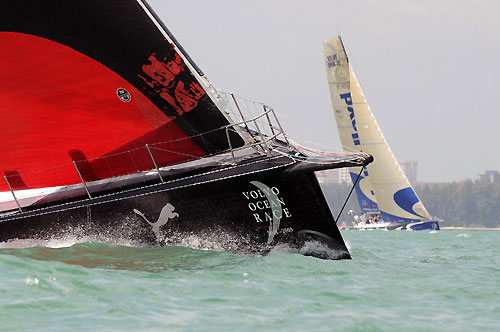 PUMA Ocean Racing, skippered by Ken Read (USA) and Delta Lloyd, skippered by Roberto Bermudez (ESP) at the start of leg 4 of the Volvo Ocean Race, from Singapore to Qingdao, China. Photo copyright Dave Kneale / Volvo Ocean Race.