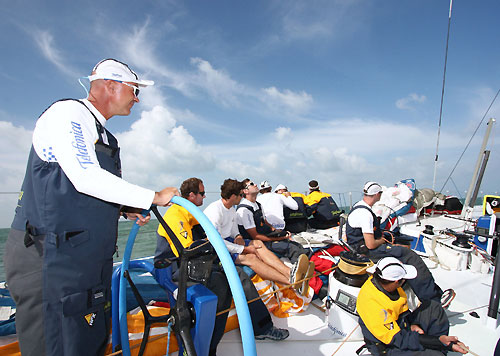 Skipper Bouwe Bekking at the helm of Telefonica Blue at the start of leg 4 of the Volvo Ocean Race. Photo copyright Gabriele Olivo / Telefonica Blue / Volvo Ocean Race.