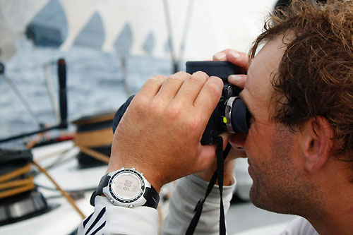 Klaes Nylof checking the approaching storm onboard Ericsson 3, on leg 4 of the Volvo Ocean Race from Singapore to Qingdao, China. Photo copyright Gustav Morin / Ericsson 3 / Volvo Ocean Race.
