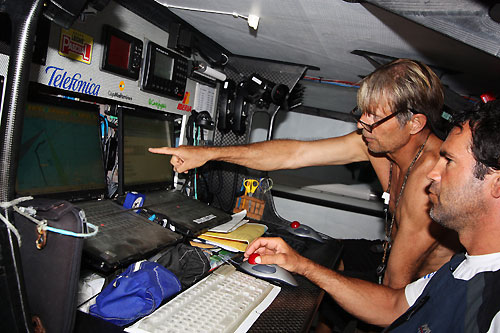 Navigator Roger Nilsson and skipper Fernando Echavarri plan their strategy, when they on leading boat Telefonica Black, on leg 4 of the Volvo Ocean Race from Singapore to Qingdao, China. Photo copyright Mikel Pasabant / Telefonica Black / Volvo Ocean Race.