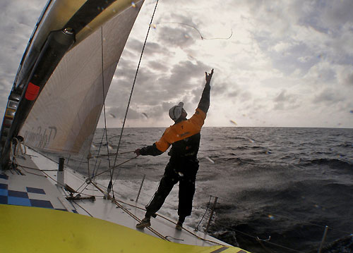 Bowman Daryl Wislang trying to catch the tack line onboard Telefonica Blue, on leg 4 of the Volvo Ocean Race, from Singapore to Qingdao, China. Photo copyright Gabriele Olivo / Telefonica Blue / Volvo Ocean Race.