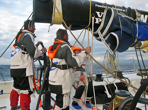 At 07:15 GMT, Delta Lloyd (Roberto Bérmudez / ESP pictured) turns back from the Luzon Strait for the calmer waters of the coast to repair a damaged steering wheel, ripped mainsail and a damaged mast track. Photo copyright Sander Pluijm / Team Delta Lloyd / Volvo Ocean Race.