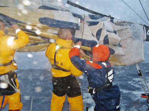 Ericsson 4 get a reef in earlier on leg 4 of the Volvo Ocean Race, from Singapore to Qingdao, China. Photo copyright Guy Salter / Ericsson 4 / Volvo Ocean Race.