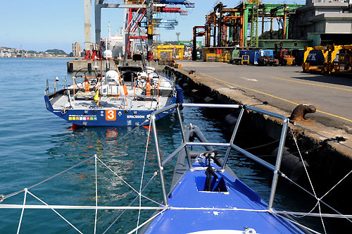 Delta Lloyd and Ericsson 3 moored in Keelung, Taiwan, having both sustained bow damage during Leg 4 of the Volvo Ocean Race 2008-09. Ericsson 3 is intending to finish the leg to Qingdao once repairs are completed, but Delta Lloyd will be shipped to Rio de Janeiro to rejoin the race for Leg 6. Photo copyright Dave Kneale / Volvo Ocean Race.