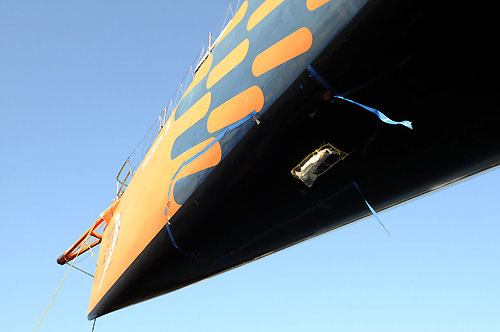 Ericsson 3 is craned onto a barge to be taken down the coast of Taiwan from Keelung to Hualien where an 8 metre piece of the bow will be pulled out and replaced before they continue the remaining leg 4 joureny to Qingdao. Photo copyright Dave Kneale / Volvo Ocean Race.