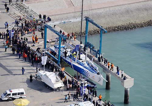 In a dramatic opening to leg five of the Volvo Ocean Race, minutes before the start gun fired, Telef&oacute;nica Blue (Bouwe Bekking / NED) dropped her sails and returned to port, leaving a fleet reduced to three boats to contest the start in Qingdao. Photo copyright Rick Tomlinson / Volvo Ocean Race.