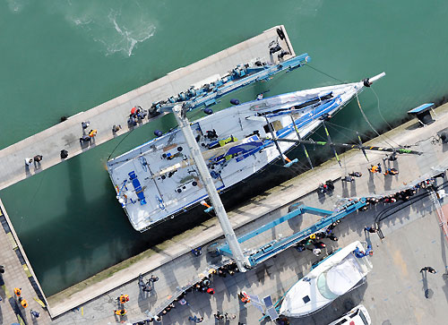 In a dramatic opening to leg five of the Volvo Ocean Race, minutes before the start gun fired, Telef�nica Blue (Bouwe Bekking / NED) dropped her sails and returned to port, leaving a fleet reduced to three boats to contest the start in Qingdao. Photo copyright Rick Tomlinson / Volvo Ocean Race.