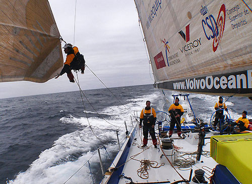 Bowman David Vera climbing up the sail to change a sheet, on leg 5 of the Volvo Ocean Race. Photo copyright Gabriele Olivo / Telefonica Blue / Volvo Ocean Race.