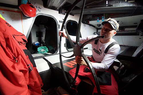 Casey Smith fixing PUMA Ocean Racing's broken steering wheel, on leg 5 of the Volvo Ocean Race. Photo copyright Rick Deppe / PUMA Ocean Racing / Volvo Ocean Race.
