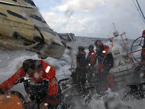 Ericsson 3 crew working onboard Ericsson 3 en route to Rio De Janeiro on Leg 5 of the Volvo Ocean Race. Photo copyright Gustav Morin / Ericsson 3 / Volvo Ocean Race.