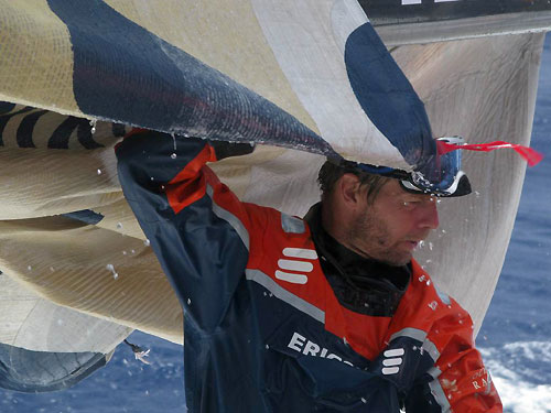 Bowman Martin Krite takes in the reefs during leg 5 of the Volvo Ocean Race en route to Rio De Janeiro. Photo copyright Gustav Morin / Ericsson 3 / Volvo Ocean Race.