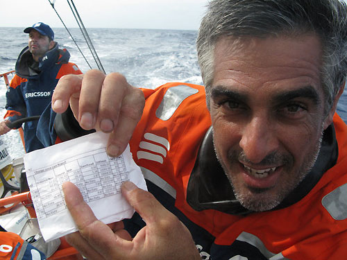 Horacio Carabelli is pleased to note that Ericsson 4 has less than 10,000 nautical miles to go to the finish in Rio de Janeiro on Leg 5 from Qingdao. Photo copyright Guy Salter / Ericsson 4 / Volvo Ocean Race.